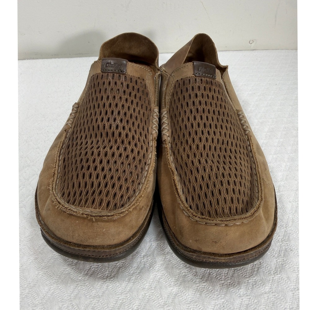 OluKai Moloa Aho Mens 11.5 Tan Leather Mesh Slip On Loafers Shoes 10399-106Z - Picture 2 of 9